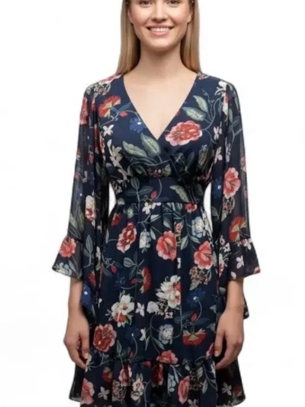 Betsey Johnson Navy Floral Dress with sheer Bell Sleeves